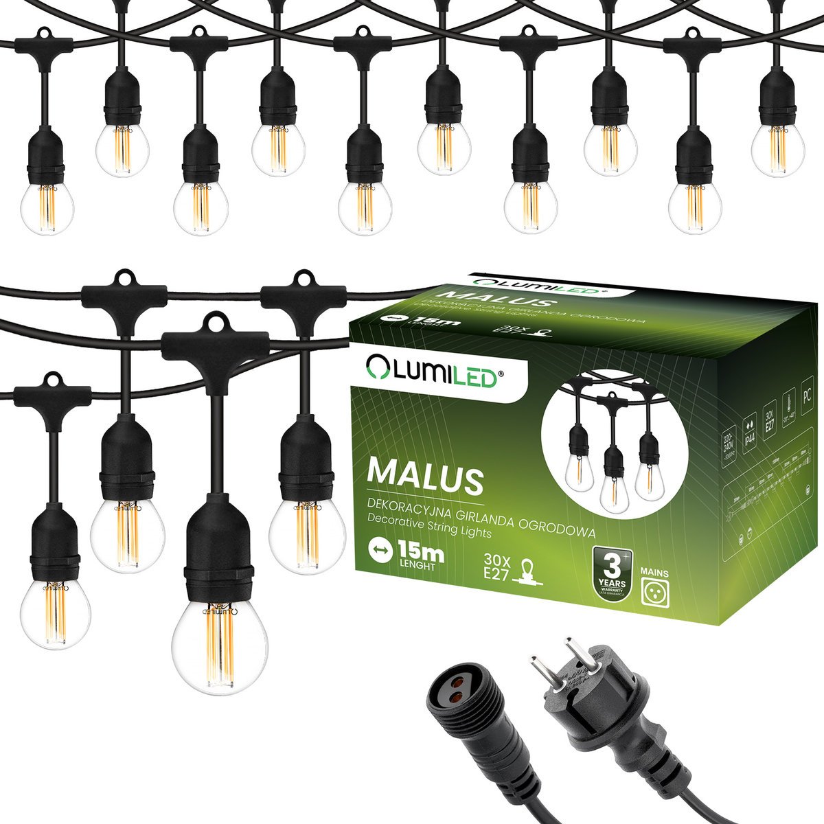 Lumiled Girlanda Ogrodowa Zewnętrzna Łańcuch Świetlny 15m 30x E27 Żarówki 7W 4000K MALUS