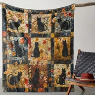 Koce - Koc pled narzuta czarne koty kwiaty BOHO ART 130x150 cm miękki na prezent - miniaturka - grafika 1