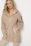 Kurtki damskie - Ciemnobeżowa Kurtka Parka z Kapturem i Ściągaczem w Pasie Sizana - miniaturka - grafika 1