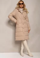 Kurtki damskie - Beżowa Pikowana Długa Kurtka z Kapturem i Napami Tisima - miniaturka - grafika 1