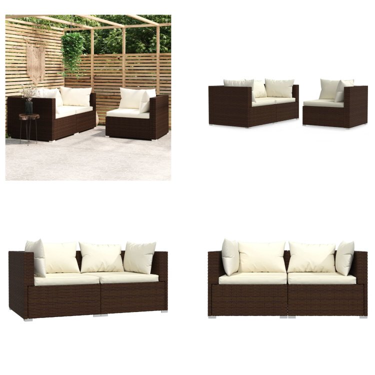 vidaXL 3-częściowy zestaw wypoczynkowy do ogrodu z poduszkami brązowy rattan - zestaw wypoczynkowy do ogrodu - zestawy wypoczynkowe do ogrodu - zestaw sof - zestaw wypoczynkowy na patio