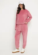 Spodnie sportowe damskie - Różowy Welurowy Komplet Dresowy Bluza i Spodnie Typu Jogger Lisilwena - miniaturka - grafika 1