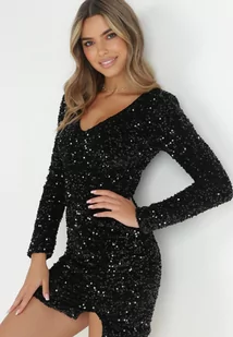 Czarna Sukienka z Cekinami i Wycięciem Glykera - Sukienki - miniaturka - grafika 1