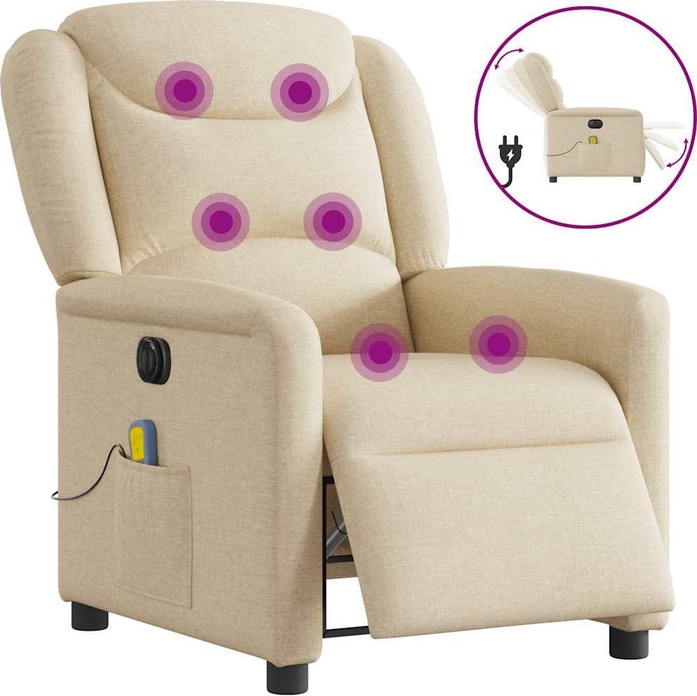 vidaXL vidaXL Rozkładany fotel masujący, elektryczny, kremowy, tkanina