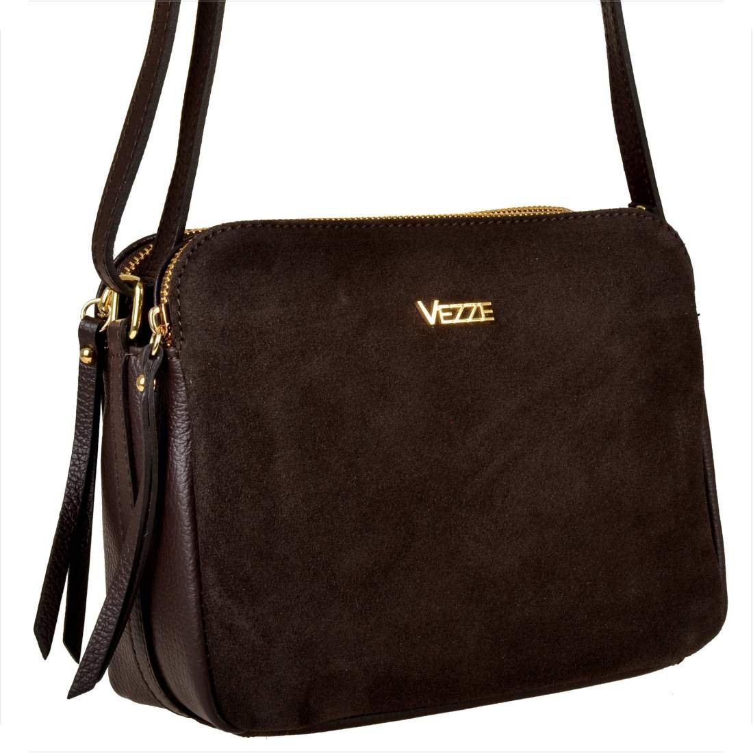 Modna skórzana brąz czekolada listonoszka VEZZE przód zamszowy
