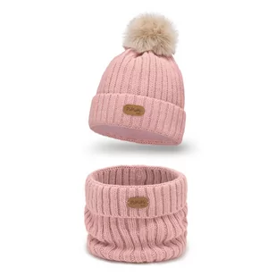PaMaMi, Komplet dziecięcy z futerkowym pomponem, pudrowy róż - Moda i Uroda OUTLET - miniaturka - grafika 1