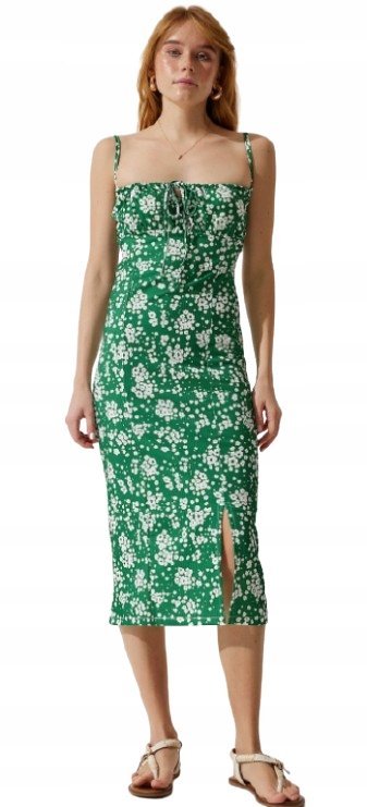 TRENDYOL ZIELONA SUKIENKA MIDI W KWIATY Z PASKIEM NA RAMIĄCZKACH 36 5AA