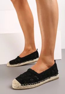 Espadryle damskie - Czarne Espadryle na Podeszwie z Warkoczem z Juty z Ażurowymi Kwiatkami Riviara - grafika 1