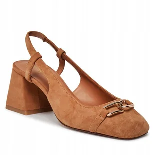 GEOX CZÓŁENKA DAMSKIE SKÓZANE BRĄZOWE ELEGANCKIE NA KLOCKU 35 Ż5O - Czółenka - miniaturka - grafika 1