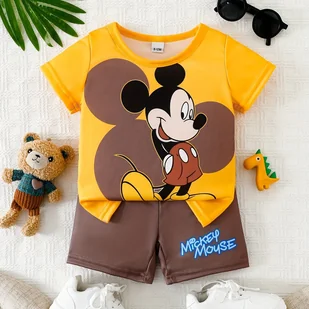 TEMU Zestaw 2 Sztuk Dziewięciokrotnych Spodenek Dla Chłopców Letnia Seria Disneya Kreskówka Mysz Uroczy Wzór Żółty T-shirt Z Krótkim Rękawem I Czarny - Dresy i komplety dla chłopców - miniaturka - grafika 1