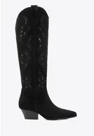 Półbuty męskie - Długie damskie kowbojki ze skóry zamszowej z haftem czarne - miniaturka - grafika 1