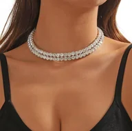 Naszyjniki - CHOKER z cyrkoniami błyszczący 30cm 2 rzędy cyrkonii srebrny WIECZOROWY - miniaturka - grafika 1