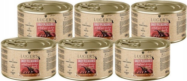 Karma mokra dla kota Luger's Daily Pleasures Sterilised z wołowiną i sercami z kurczaka zestaw 6 x 185 g