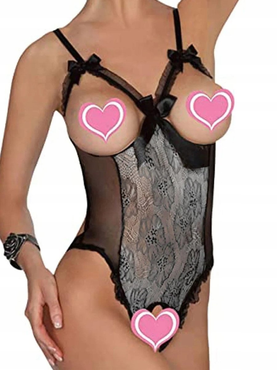 Carla koronkowe body otwarte krocze otwarty biust Walentynki czarno-srebrny