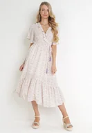 Sukienki - Różowo-Miętowa Sukienka z Gumką w Pasie i Kopertowym Dekoltem z Falbankami Kyphine - miniaturka - grafika 1