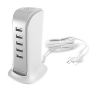 Ładowarki do telefonów - Ładowarka sieciowa 5x USB z wbudowanym kablem sieciowym EU biały (A5EU) - miniaturka - grafika 1