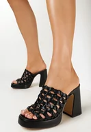 Klapki i japonki damskie - Czarne Klapki na Geometrycznym Słupku i Platformie z Szerokim Ażurowym Paskiem Pellius - miniaturka - grafika 1