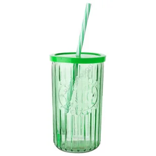 SZKLANKA KUBEK W PRĄŻKI ZE SŁOMKĄ I POKRYWKĄ 450ML - Szklanki - miniaturka - grafika 1