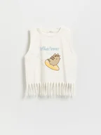 Koszulki dla dziewczynek - Reserved - T-shirt z frędzlami Pusheen - złamana biel - miniaturka - grafika 1
