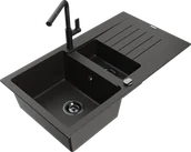 Zlewozmywaki z baterią - Mexen Matias zlewozmywak granitowy 1,5-komorowy z ociekaczem i baterią kuchenną Flora, czarny/złoty - 6502-75-670401-70-B - miniaturka - grafika 1