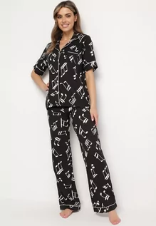 Piżamy damskie - Czarny Komplet Piżamowy w Print z Wiskozy Spodnie z Gumką w Talii i Koszulowa Góra Adispro - grafika 1