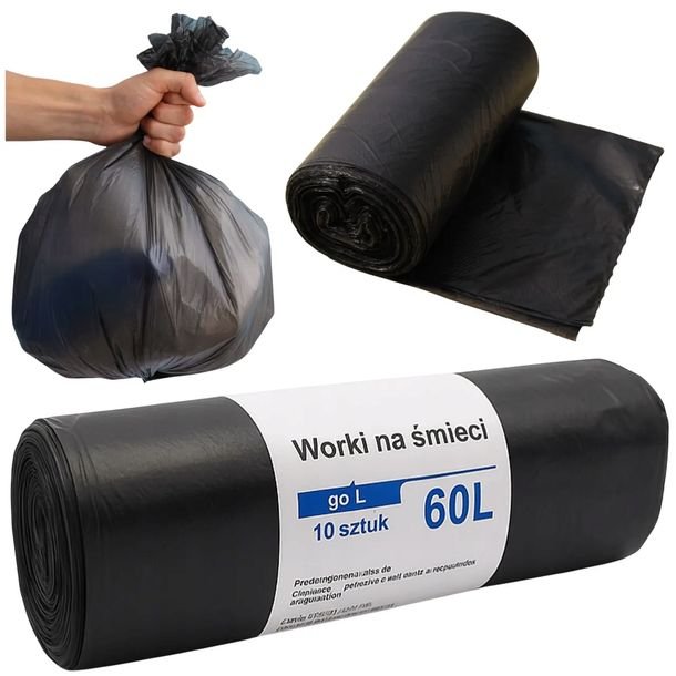 Worki Na Śmieci 60l 10szt Uniwersalne Czarne Hdpe Bezwonne Mocne 76x60cm