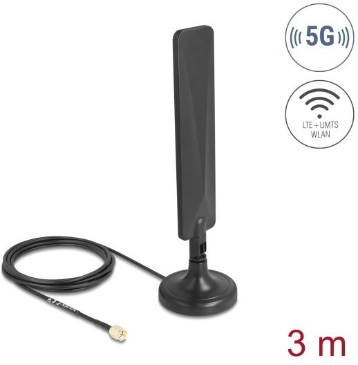 Antena Delock 5G LTE Antenka SMA z wtykiem 3 dBi omnidirectional kabel połączeniowy RG-174 3 m z przegubem z magnetyczną podstawą czarny 10040