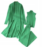 Swetry damskie - Kobiecy 3-Częściowy Zielony Zestaw Top Z Golfem Kardigan Spodnie Dzianinowe - miniaturka - grafika 1