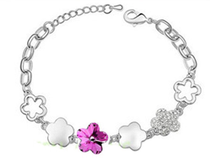 Bransoletka łańcuszkowa z różowym kwiatuszkiem i z cyrkoniami na prezent