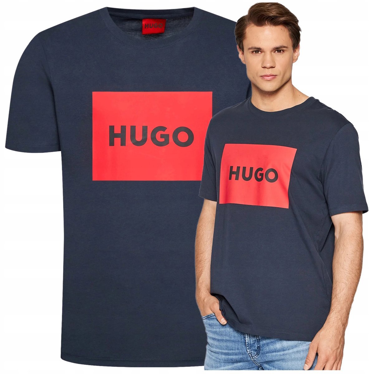 Granatowa Koszulka Męska T-shirt Duże Logo Hugo Boss sportowa na spacer r.L