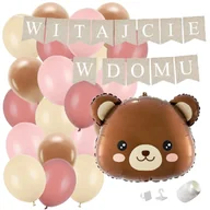 Balony i akcesoria - ZESTAW balonów WITAJCIE W DOMU kraft - miś głowa + balony różowe WITAJ boho powitanie dziecka - miniaturka - grafika 1