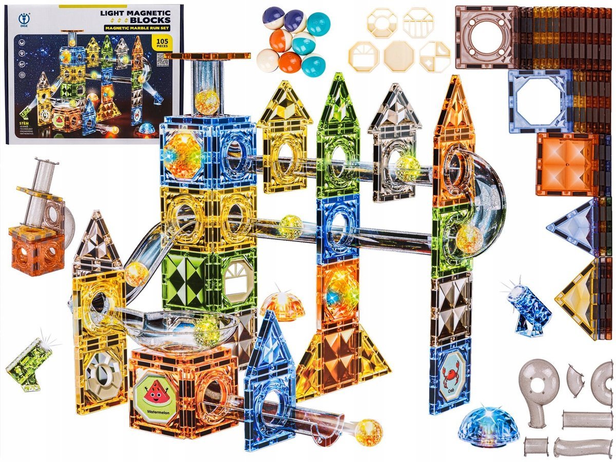 Klocki Magnetyczne Konstrukcyjne Tor Kulkowy Świecące Elementy 105 El.