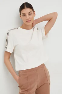 Guess t-shirt bawełniany kolor beżowy - Koszulki sportowe damskie - miniaturka - grafika 1