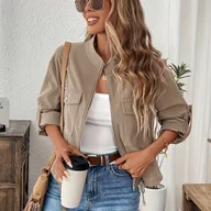 Kurtki damskie - TEMU Kurtka Damska Casual Beżowa na Zamek z Kapturem na Sznurku - Długi Rękaw, Kołnierz Mandaryński, Jednolity , Wiosenno-Letnia Odzież Zewnętrzna, - miniaturka - grafika 1