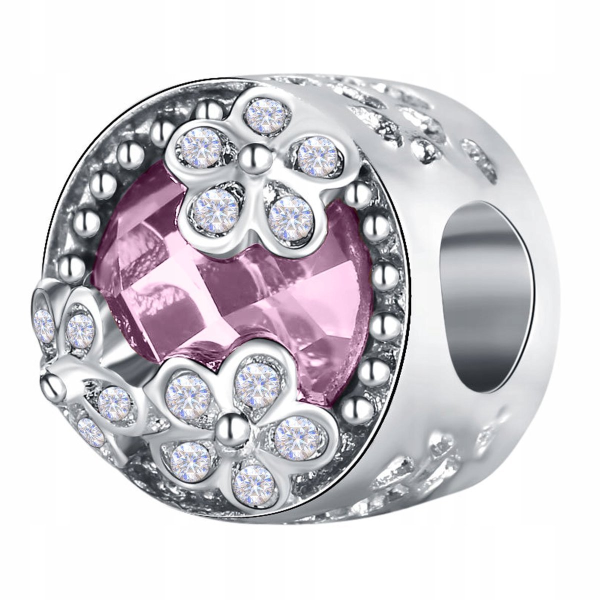 Charms Srebrny Klejnot Różowy Koralik Kwiatki z Cyrkoniami SREBRO 925