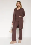 Komplety damskie - Brązowy Komplet Dzianinowy z Bawełną Spodnie Kamizelka i Długi Kardigan Meviravia - miniaturka - grafika 1