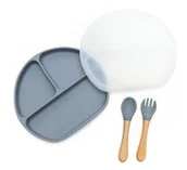Zestawy naczyń dla dzieci - Zestaw Talerzyk Z Pokrywką Plus Sztućce [Kolor Niebieski] - miniaturka - grafika 1