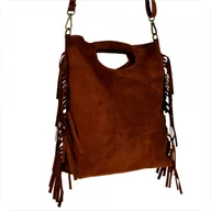 Torebki damskie - Lekka zamszowa torebka na ramię ozdobnymi frędzlami koniak - miniaturka - grafika 1