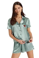 Koszulki i topy damskie - Trendyol Damska koszulka z napisem, szczegółowa, cienka, tkana koszula, krótki zestaw piżamowy, Miętowy, 66 - miniaturka - grafika 1