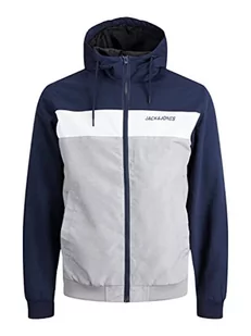 JACK & JONES PLUS Męska kurtka bomberka JJERUSH Hood Bomber NOOS PLS, Navy Blazer/Detail:White/Light Grey Melange Blocking, 4XL, Navy Blazer/Detail:White/Light Grey Melange Blocking - Kurtki męskie - miniaturka - grafika 1