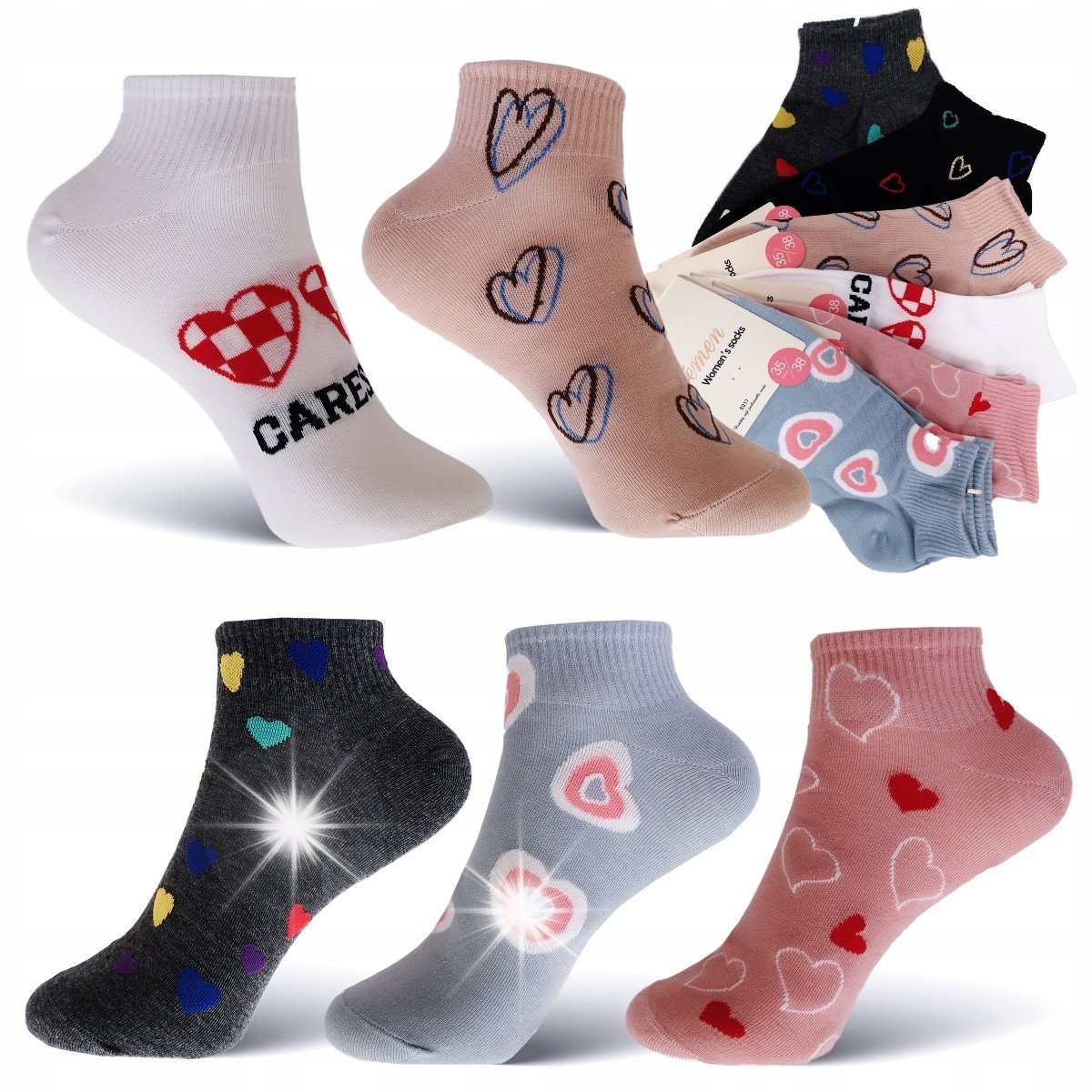 5x SKARPETKI BAWEŁNIANE kolorowe długie ciepłe skarpety SERCA DAMSKIE 35-38