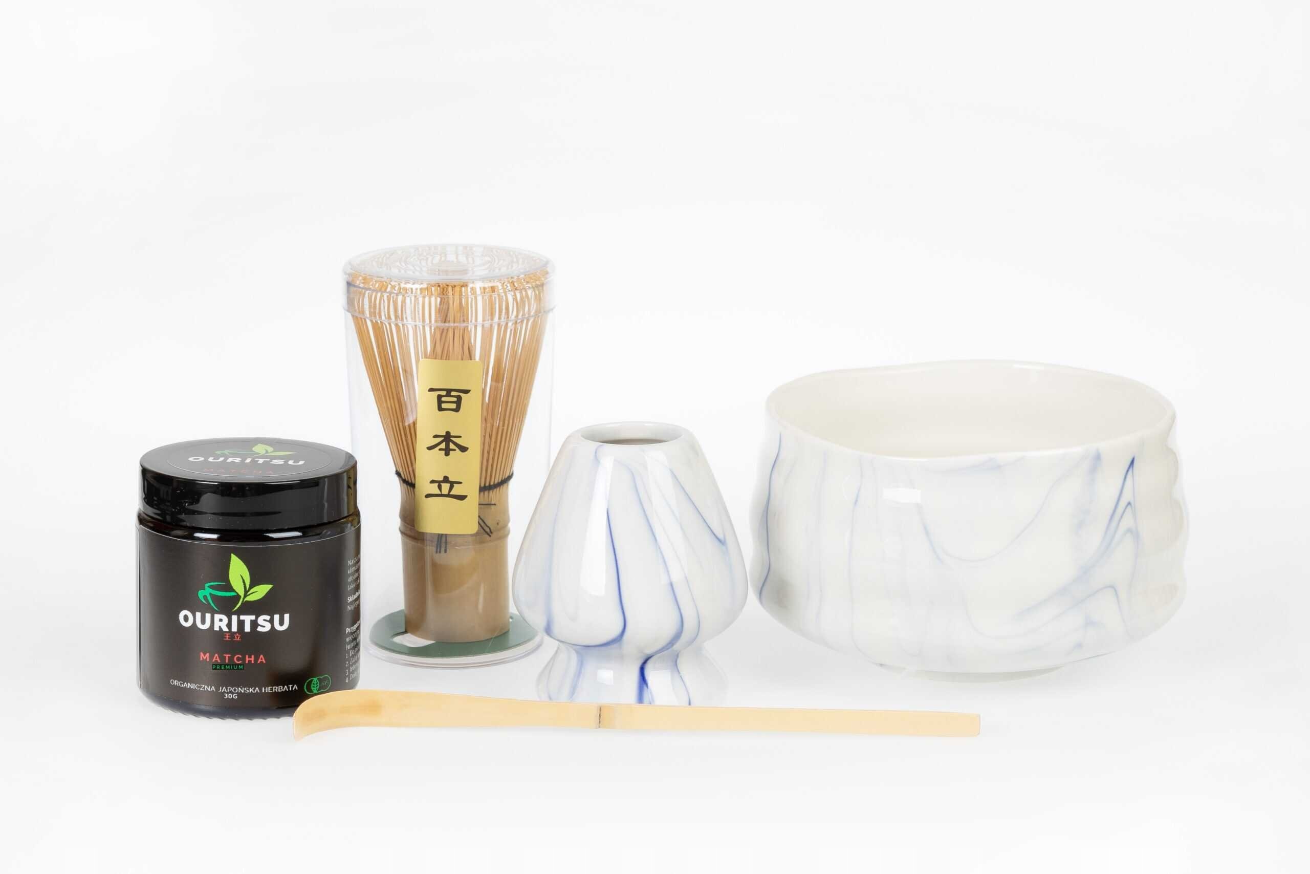 Zestaw prezentowy do herbaty matcha czarka miotełka podstawka łyżeczka