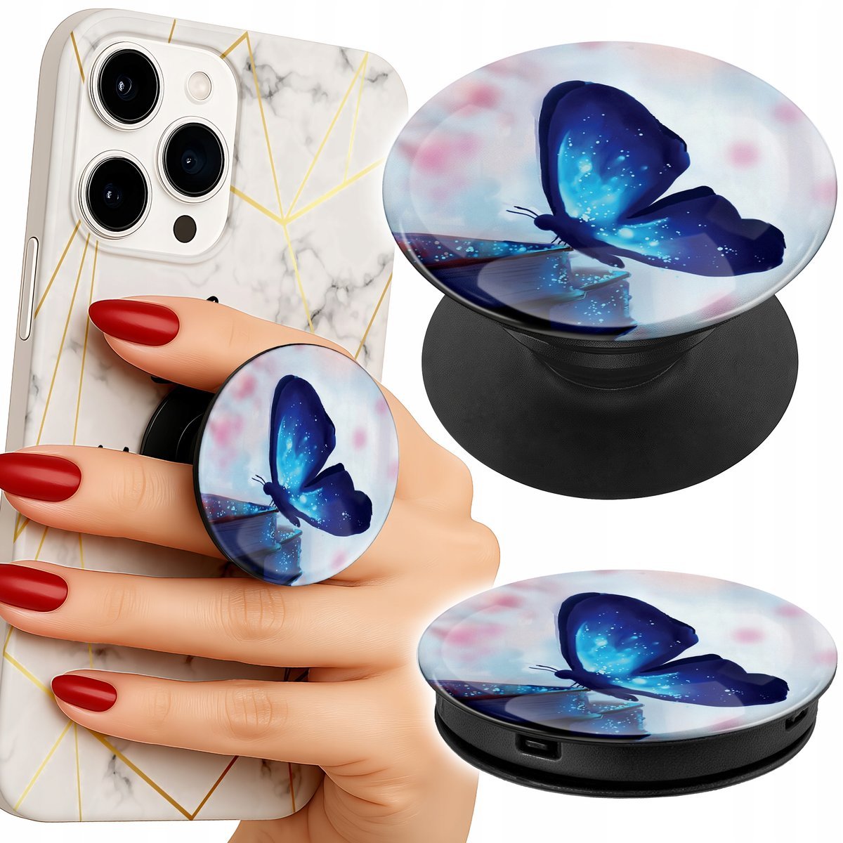 Uchwyt do telefonu Popsocket na palce/stojak NIEBIESKI MOTYL WZORY