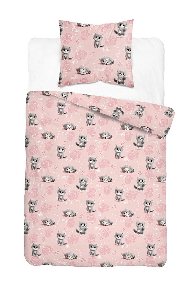 Pościel młodzieżowa 140x200 różowa w kotki z serduszkami i napisem MIU - Cotton Junior Basic Collection