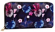 Portfele - Duży portfel damski piórnik na karty i gotówkę na suwak roślinny wzór, różnokolorowy granatowy - miniaturka - grafika 1