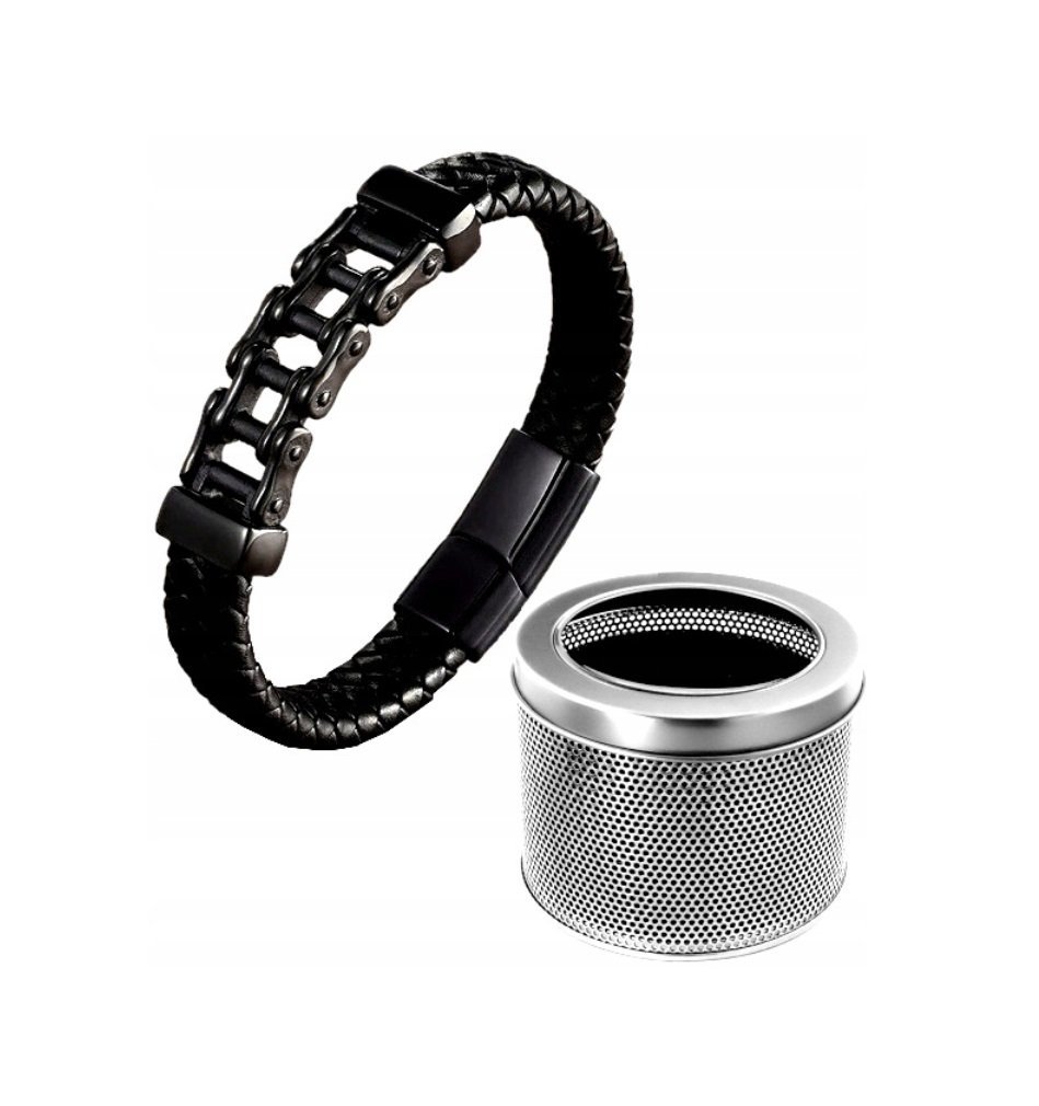 Męska Bransoletka Łańcuch Motocyklowy Skóra 21,5Cm Bransoleta + Pudełko