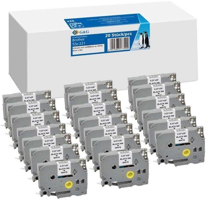 20x G&G Schriftband 9mm x 8m sw- ws komp. m. Brother TZe-221 RL-B-T221P-BK/WT20packs