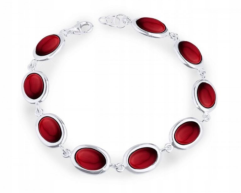 Bransoletka Srebrna Damska z Czerwonym Koralem Szeroka Srebro 925 20 cm