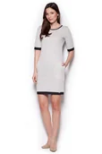 Sukienki - Jasno-szara Prosta Dzianinowa Sukienka z Krótkim Rękawem z Kontrastowymi Lamówkami - miniaturka - grafika 1