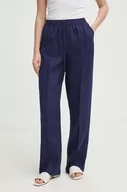 Spodnie damskie - United Colors of Benetton spodnie lniane kolor granatowy proste high waist - miniaturka - grafika 1
